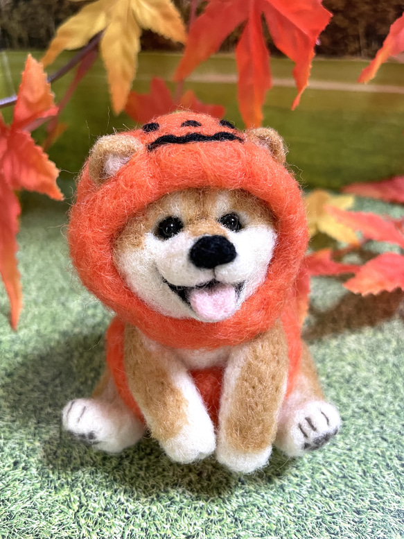 ハロウィン置物おばけかぼちゃのコスプレをした柴犬ちゃん羊毛フェルト