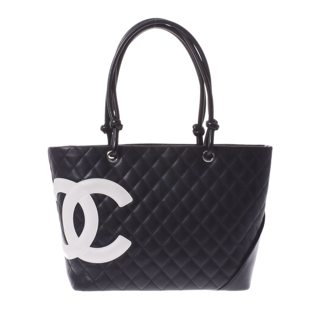 CHANEL シャネル カンボンライン ラージトート 黒/白 レディース レザー トートバッグ ABランク 中古 