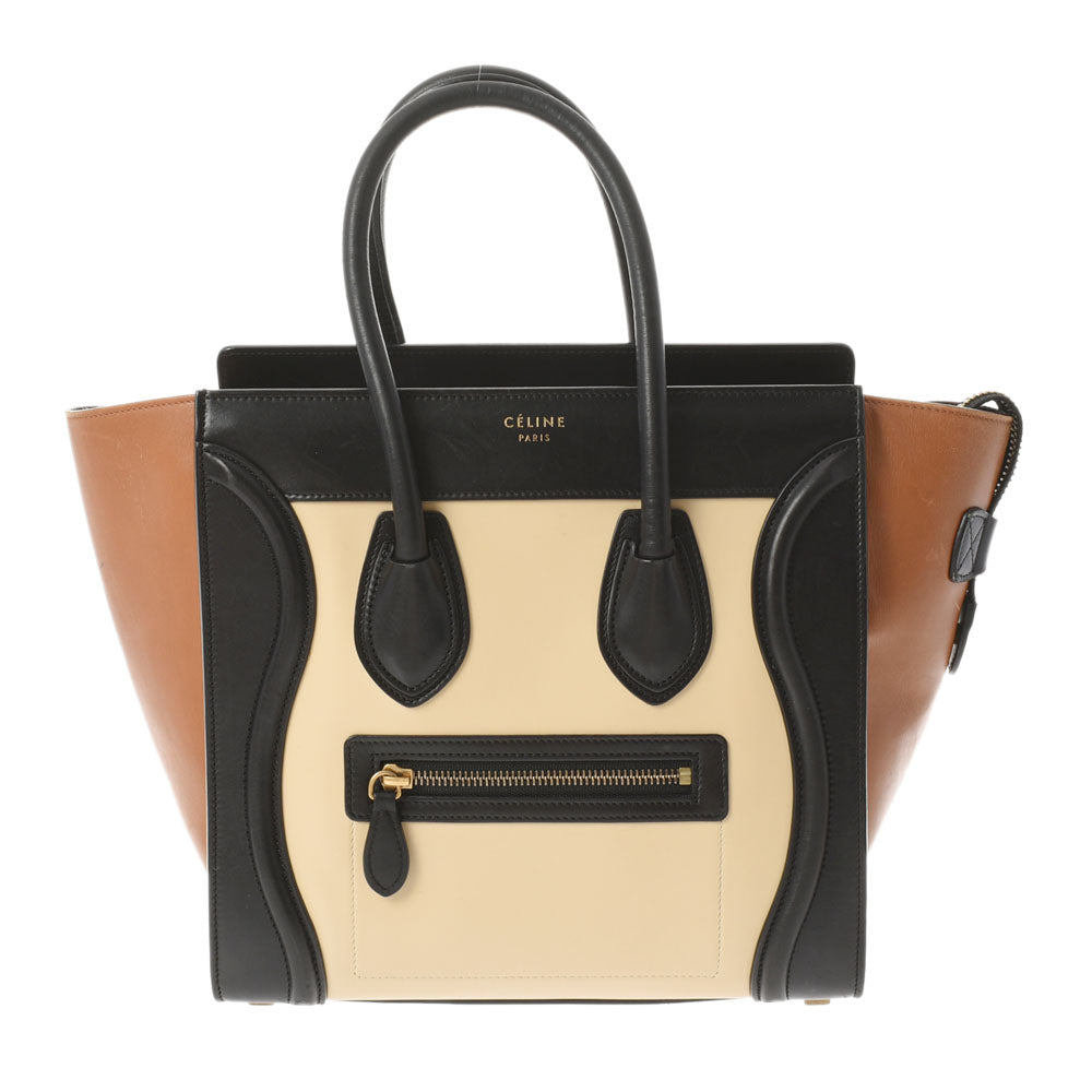 CELINE セリーヌ マイクロラゲージ  トリコロール 黒/ベージュ/茶 レディース カーフ ハンドバッグ Bランク 中古 