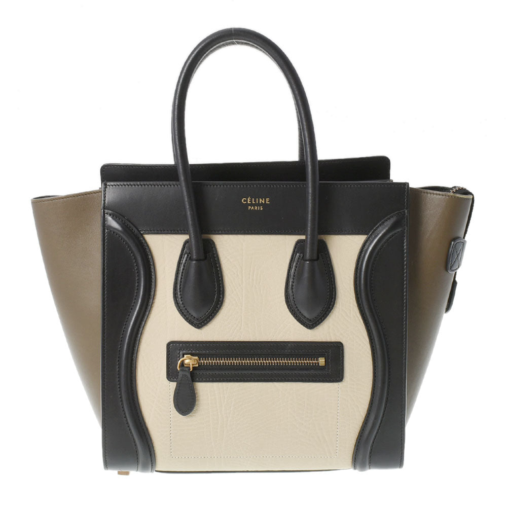 CELINE セリーヌ ラゲージ マイクロショッパー トリコロール 黒/ベージュ/カーキ レディース カーフ ハンドバッグ Bランク 中古 