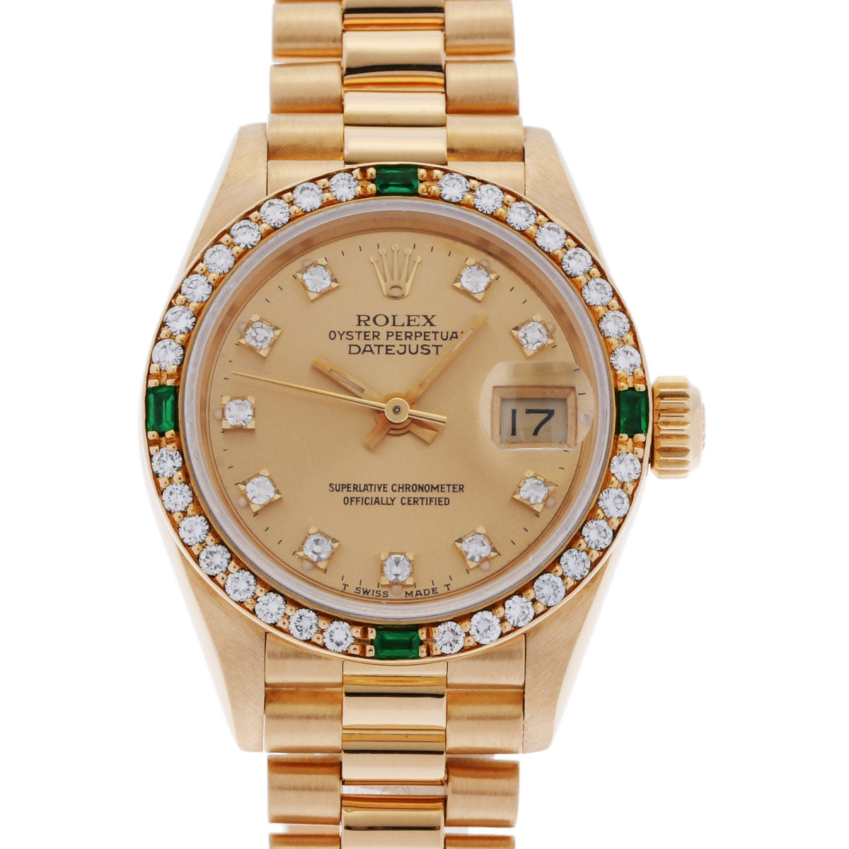 ROLEX ロレックス デイトジャスト 10Pダイヤ ベゼルダイヤ/4Pエメラルド 69078G レディース YG 腕時計 自動巻き シャンパン文字盤 Aランク 中古 