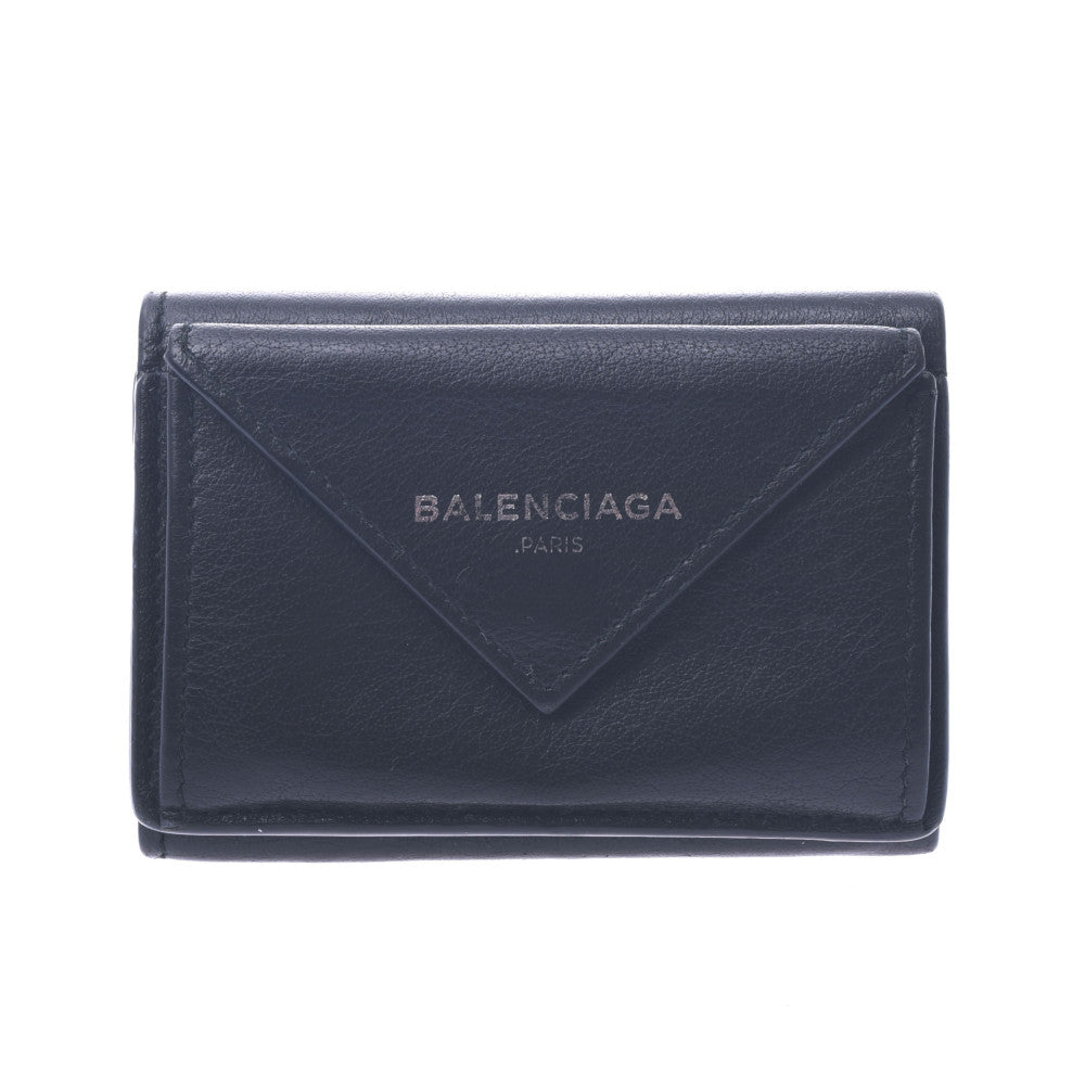 BALENCIAGA バレンシアガ ペーパーミニウォレット 黒 ユニセックス レザー 三つ折り財布 Bランク 中古 