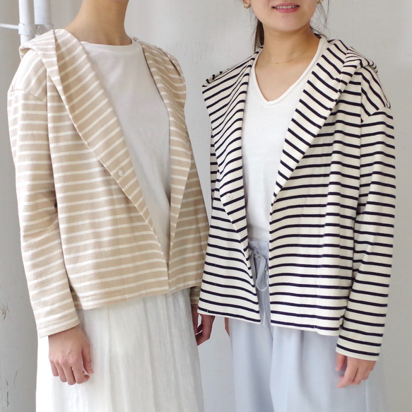 残り２点！ ＜SALE 50% OFF＞ ゆったりフード付きボーダーカーディガン (beige × off white)