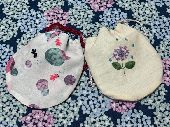 【再販＊受注製作】刺繍の丸底ポーチ☆紫陽花