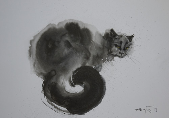 「振り向く黒い猫２０１９」(墨絵、水彩画用紙、30cm×２１ｃｍ)