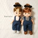 デニム調サロペット＆シャツ２点（ギンガムチェック、ホワイト）＆ヘアゴムセット　メルちゃん　服　ソランちゃん　レミンちゃん　ネネちゃん