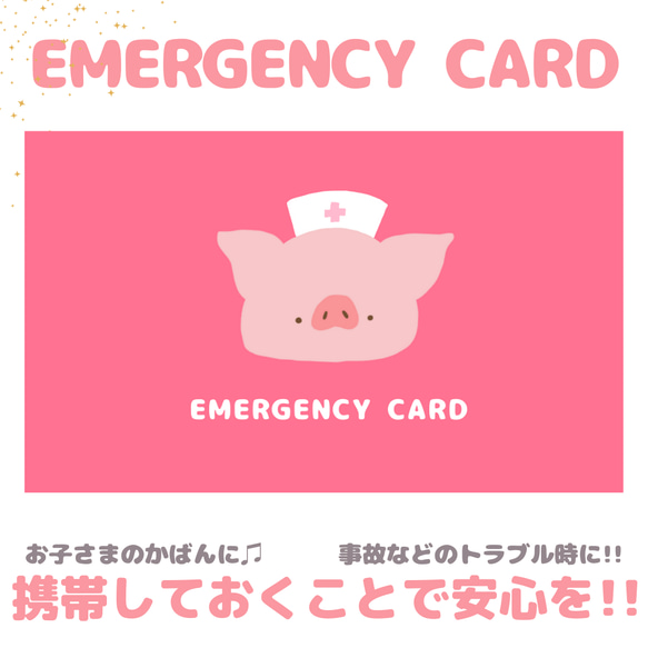 ブタのEMERGENCY CARD 1枚（緊急連絡先）5.5cm×9cm