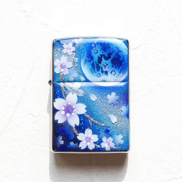 名入れ無料 手描き ZIPPO 蒼月と桜 ジッポ ライター 箱付き　銀箔