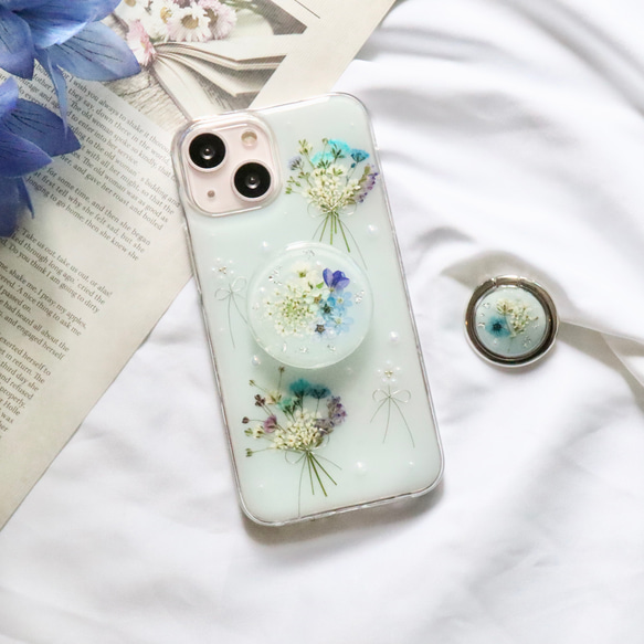 chiffonBlue✾.スマホグリップ付き 押し花スマホケース  全機種 クリア iPhone15