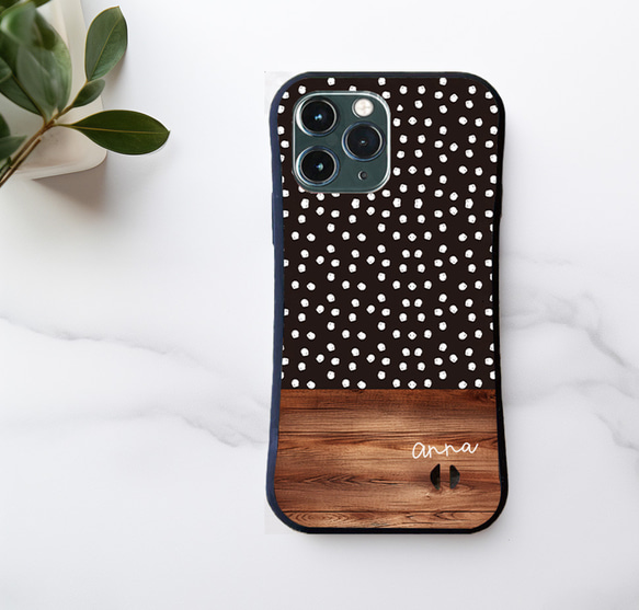 名入れ♪【耐衝撃グリップケース】BLACK DOT＆WOOD iPhone  スマホケース ドット柄