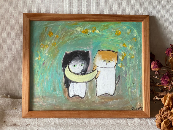 絵画。原画【神秘的な花の基地で、猫ちゃんたちは月を持って未来を楽しみにしている】