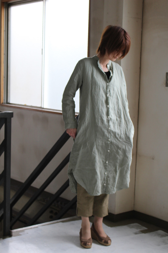 スタンドカラーlong shirt/ロングシャツワンピ リトアニアリネン100％　【受注生産品】01211