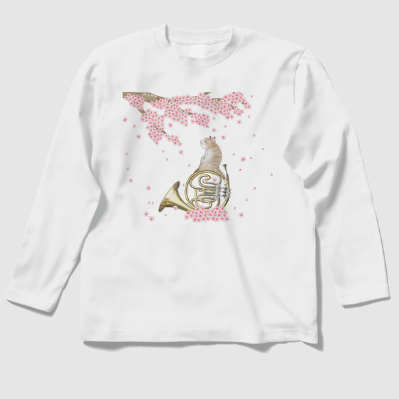 桜とホルン猫の長袖Ｔシャツ(白)