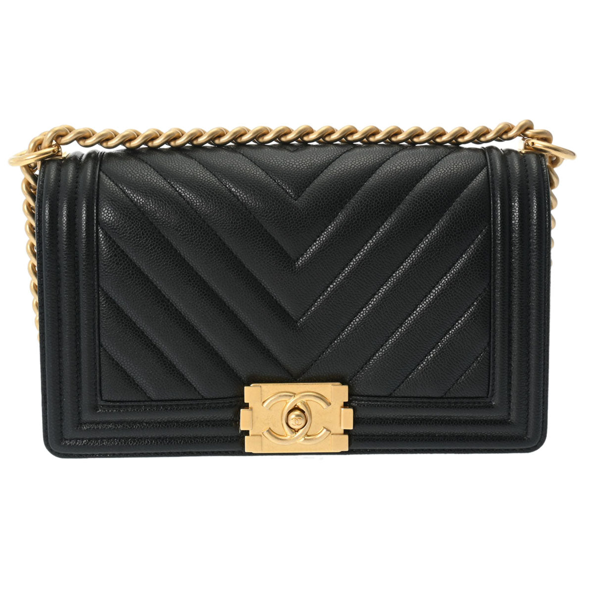 CHANEL シャネル ボーイシャネル チェーンショルダー 25cm Vステッチ 黒 ゴールド金具 - レディース キャビアスキン ショルダーバッグ Aランク 中古 