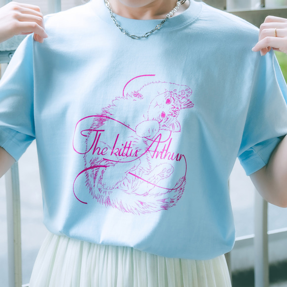 猫プリントTシャツ/３カラー/ねこ/綿 100%/子猫/ブルー