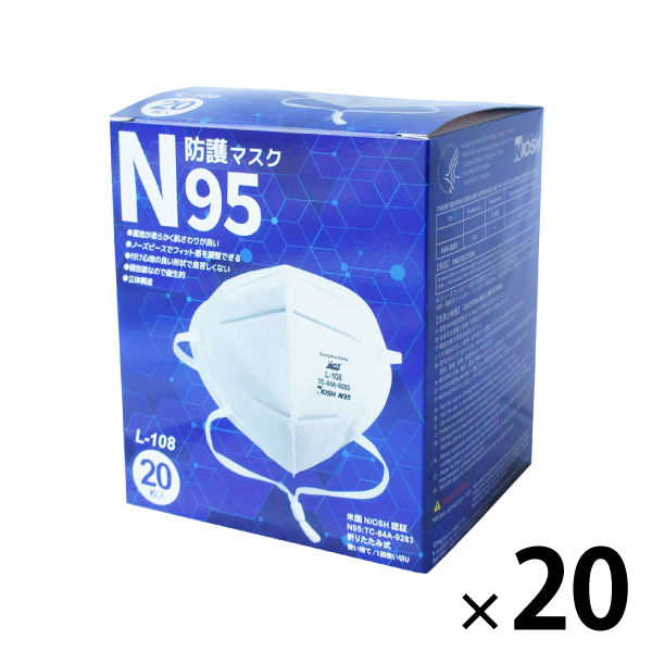 小野商事 N95 マスク 20箱400枚 米国NIOSH認定 折りたたみ型 L-108　20箱（400枚入）（直送品）