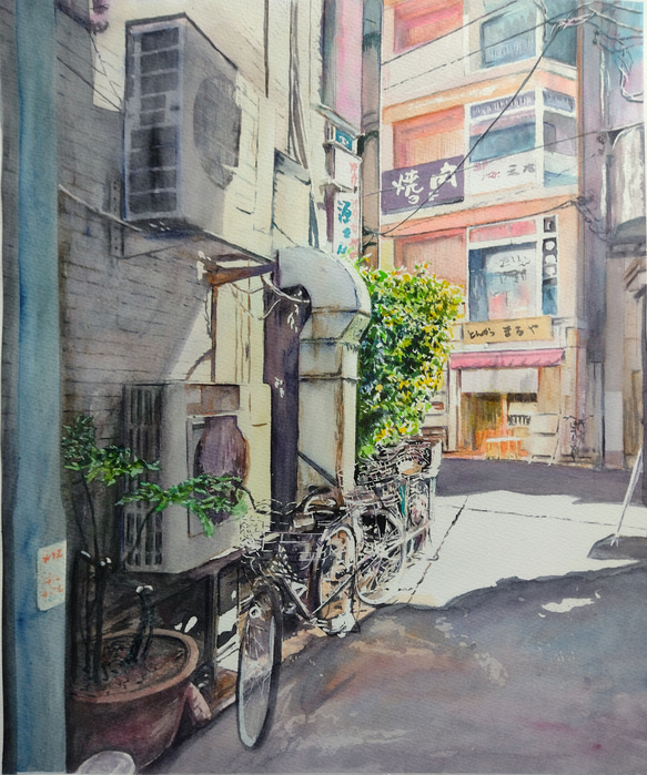 絵画　水彩画　風景画　画題「路地裏の陽射し」