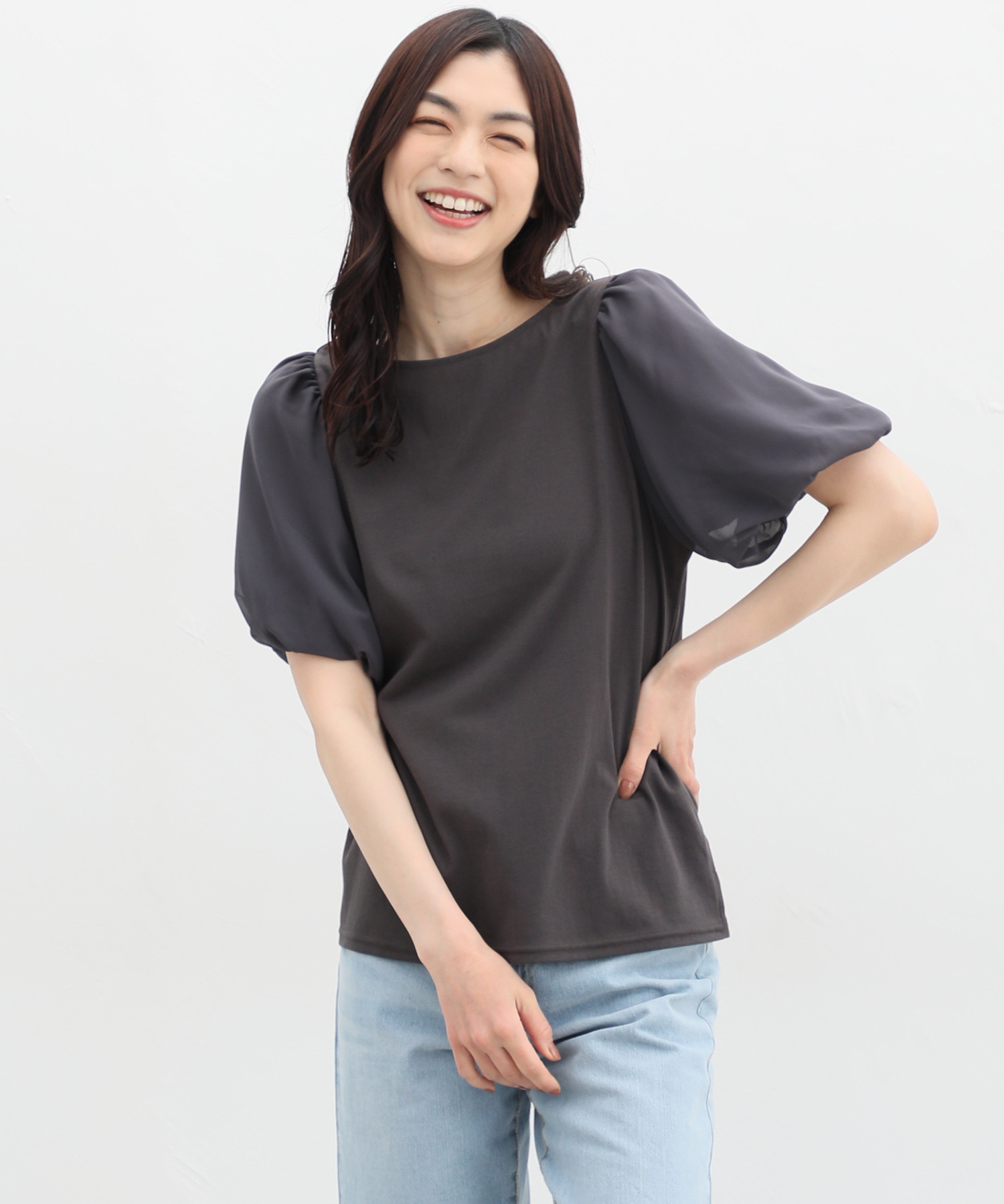 ハニーズ/袖異素材Ｔシャツ トップス カットソー 半袖 ボリューム袖 UVカット 無地 綿混素材