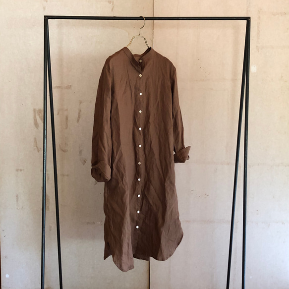 スタンドカラーlong shirt/ロングシャツ　モカブラウン