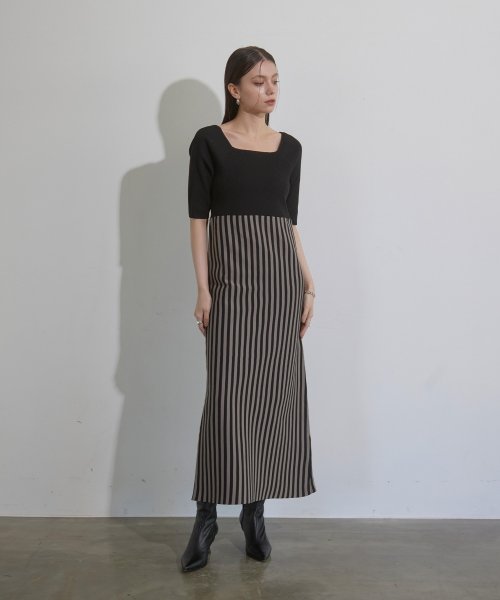 Stripe Square N/C Knit Dress