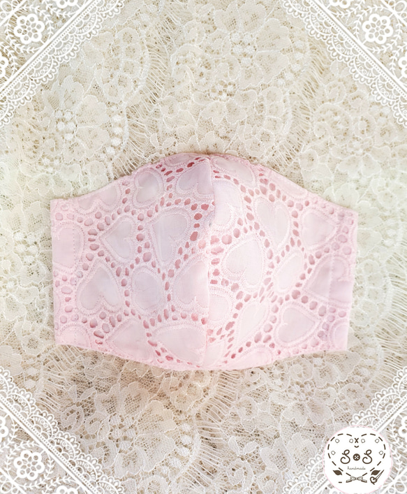 ガーゼ(*˘︶˘*).｡.:*♡大人立体マスク☆ハート刺繍(pink)