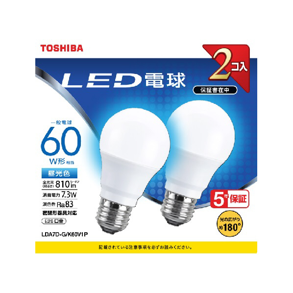 東芝 LED電球 E26口金 全光束810lm(7．3W一般電球タイプ) 昼光色相当 2個パック LDA7D-G/K60V1P