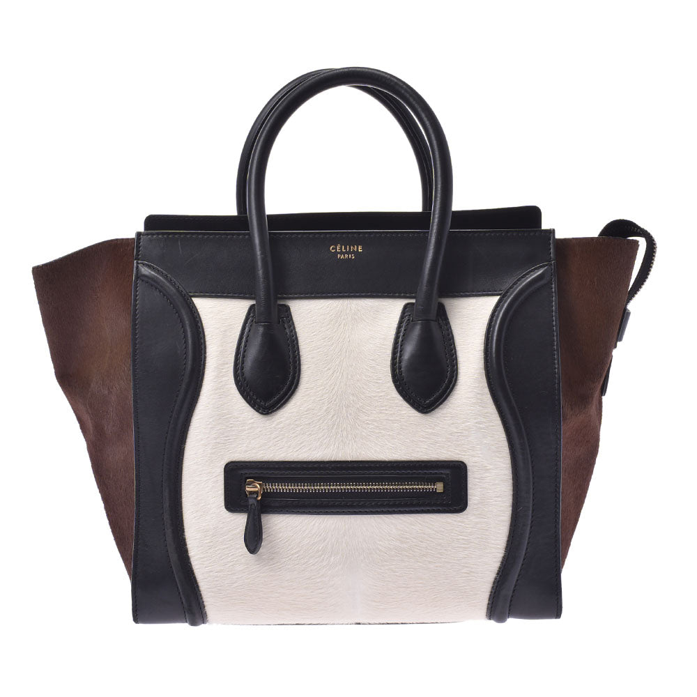 CELINE セリーヌ ラゲージ ミニショッパー  白×黒×茶 レディース ハラコ/カーフ ハンドバッグ Bランク 中古 