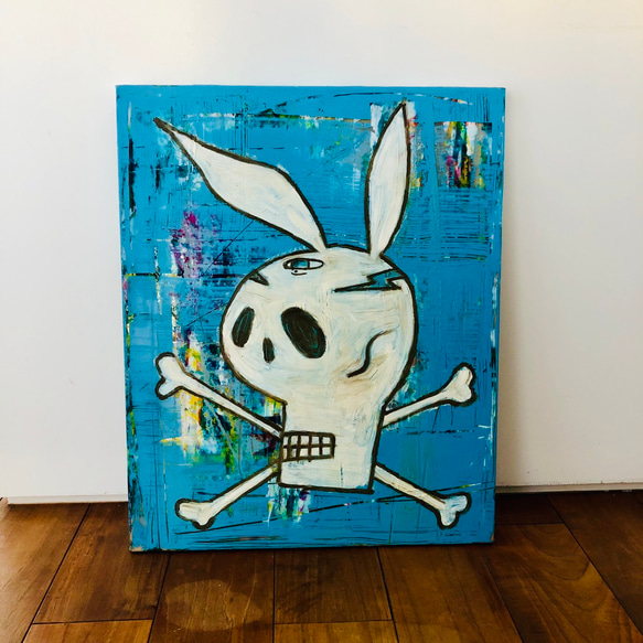 115 ☆SALE Untitled (skull with rabbit ears blue abstract