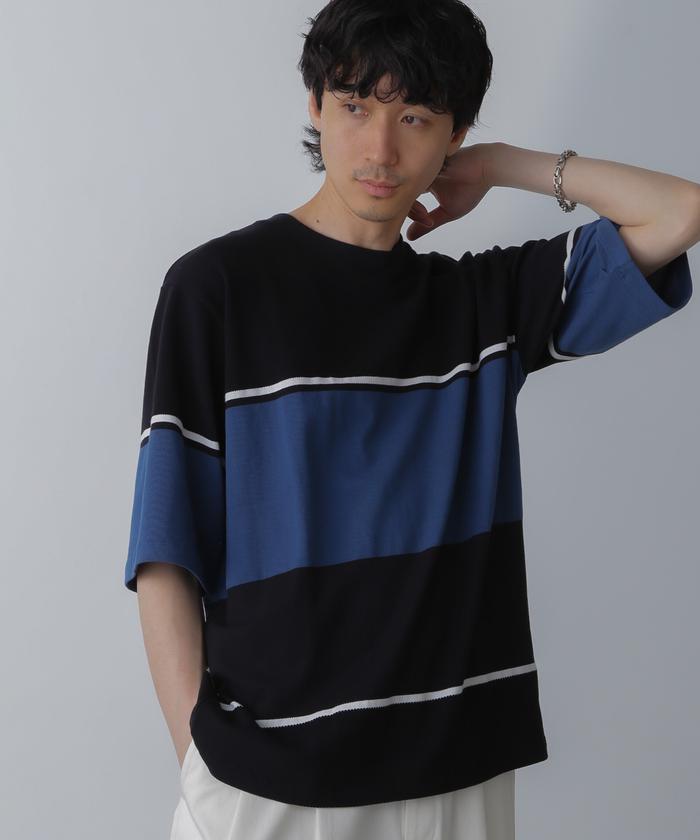 ナノ・ユニバース/パネル編地ボーダークルーネックTシャツ