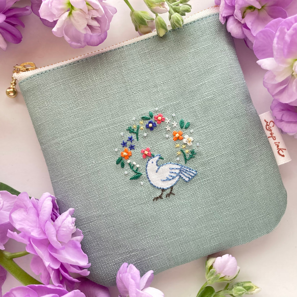 【特集掲載】-Spring bird- 手刺繍とビーズのリネンポーチ