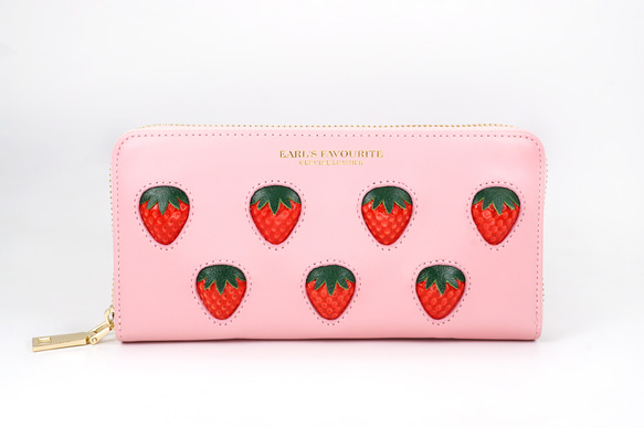 【More Strawberries Collection】ラウンドファスナー長財布（赤いちご／ピンク本革）