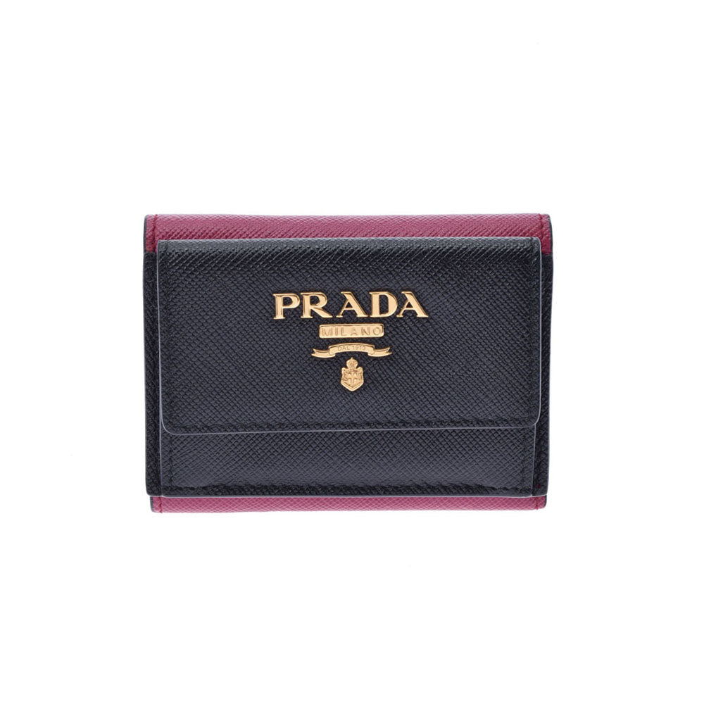 【2025カレンダーの人気アイテム】 PRADA プラダ サフィアーノ ブラック/ピンク 1MH021 ユニセックス レザー 三つ折り財布 Aランク 中古 _画像1