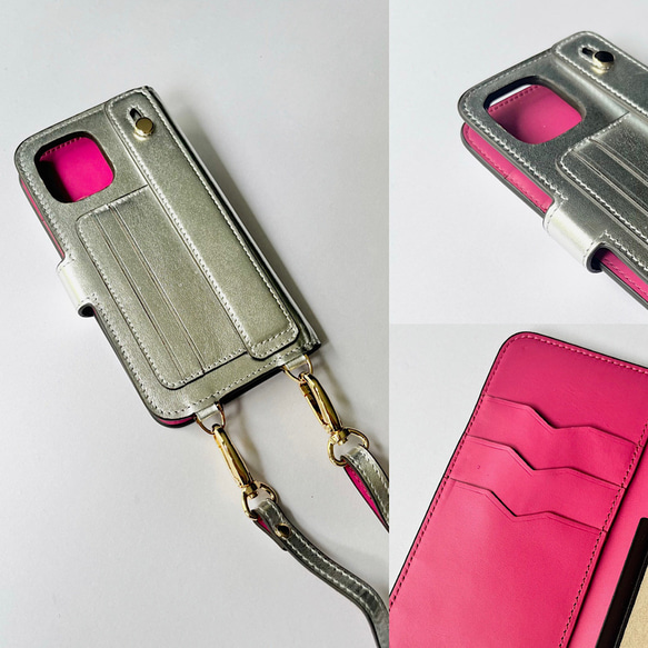 手帳型スマホケース バイカラー　本革　名入れ可　カード収納　ハンドベルト付き　ショルダー付き　silver+pink