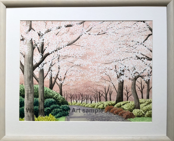 「桜の小径」透明水彩画　原画　風景画　額縁付　F６サイズ