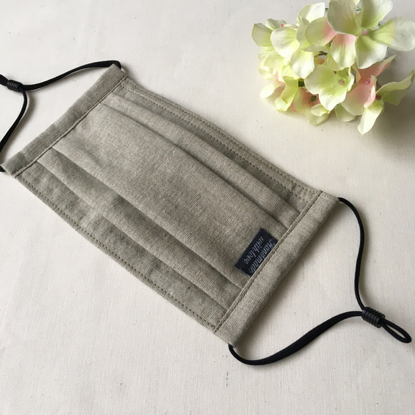 【送料無料】cotton linen プリーツマスク　ゴムアジャスター付 カーキ