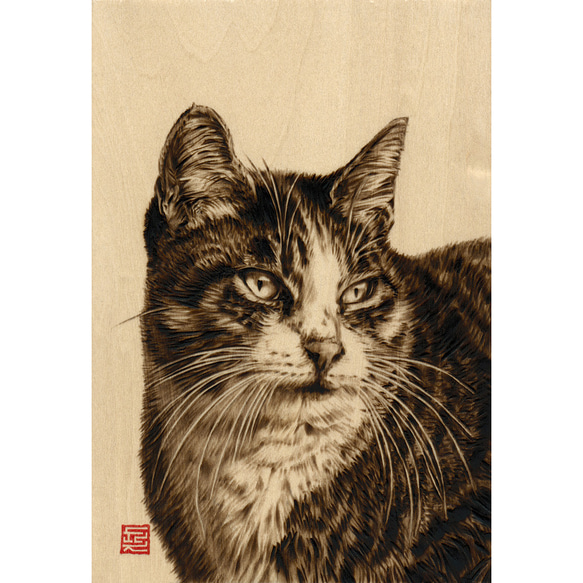 Cat〈s6〉　木材の焦げ色の濃淡で表現した絵画作品