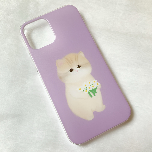 iPhone14、15ケース　スマホケース　猫と花　かわいい　動物　おしゃれ　イラスト