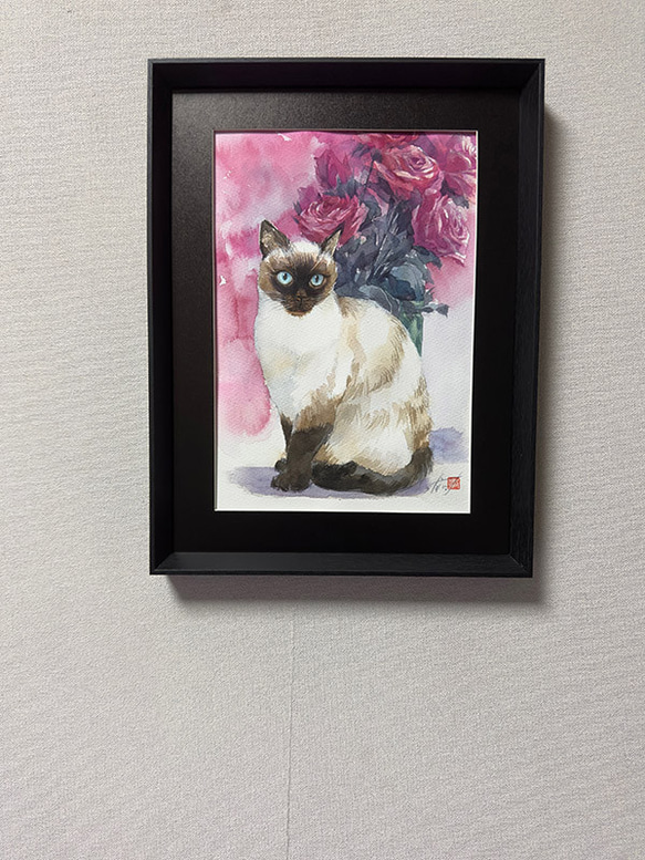 水彩アート「シャム猫と薔薇」手描き原画、1点物。送料無料。