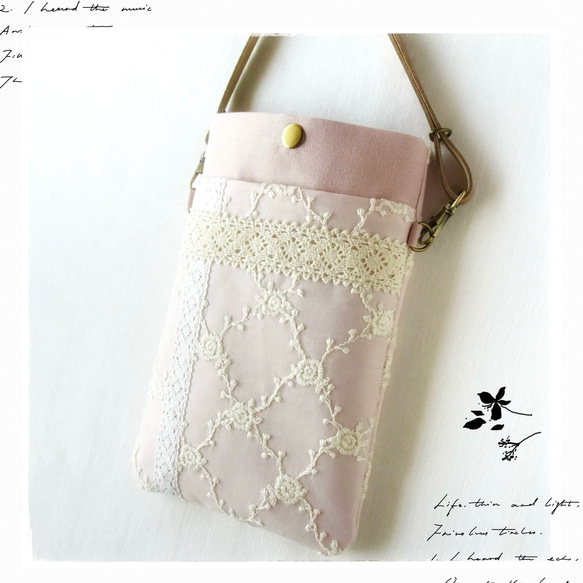 刺繍×レースのスマホポーチ くすみピンク×くすみピンク スマホショルダー ポシェット サコッシュ 花柄　プレゼント