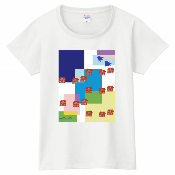 赤いお家とチドリのTシャツ　WMサイズ　　受注製作　チドリ　白Tシャツ