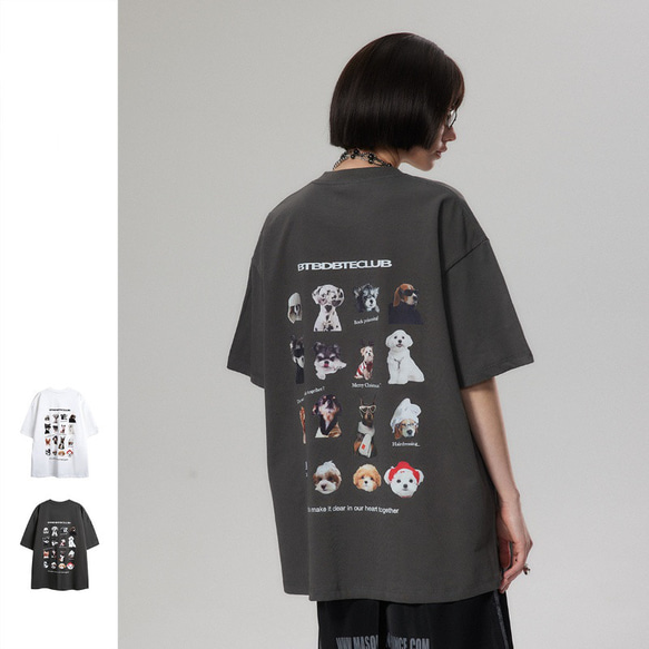 夏のtシャツ男女上着半袖子犬プリント・ゆったりtシャツ W373