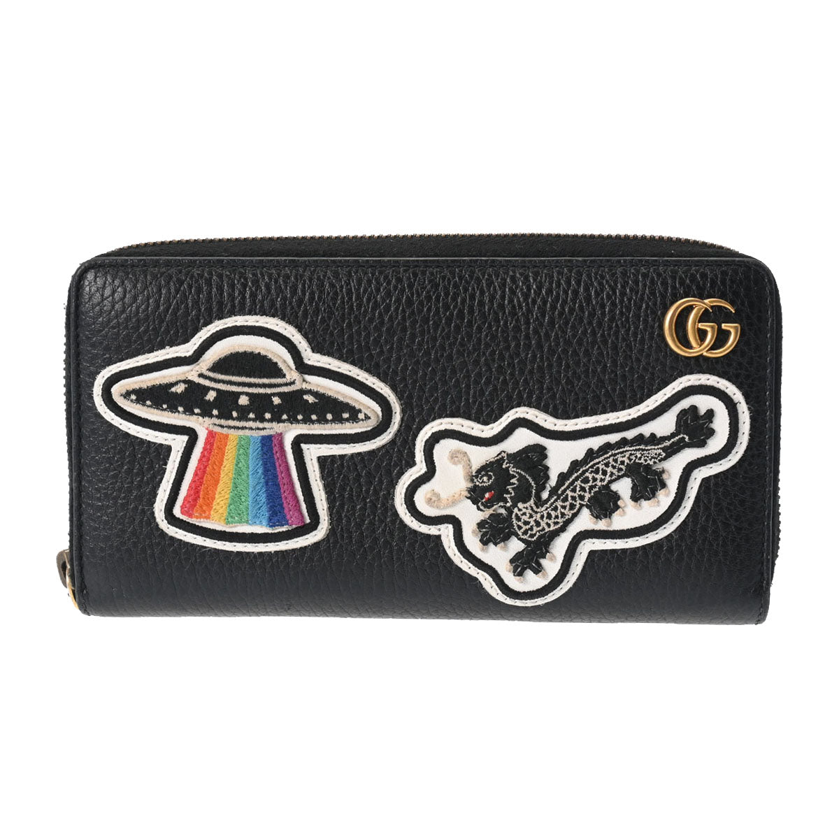 GUCCI グッチ GGマーモント ラウンドファスナー財布 ワッペンモチーフ 黒 ゴールド金具 474584 レディース レザー 長財布 Bランク 中古 