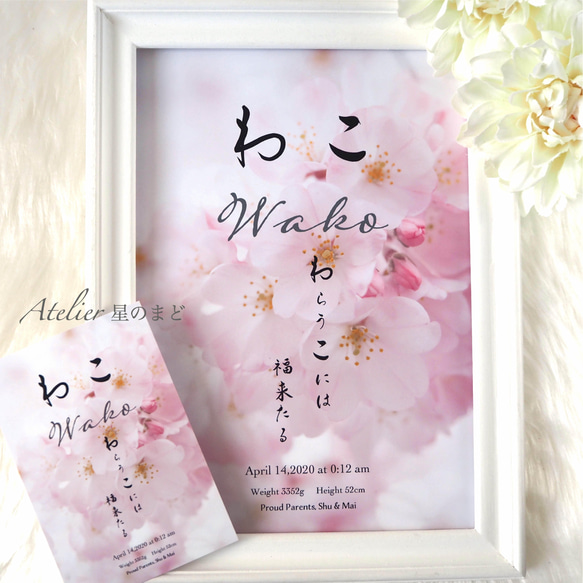 再販♡命名書☆オーダー☆おしゃれな誕生月・季節花の命名紙☆「桜」 A4サイズ＆葉書サイズのお得なセット♪