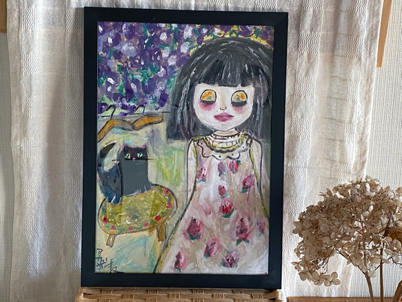 絵画 。壁掛け絵原画【いちごのスカートを着たblytheとベンチのかわいい黒猫】