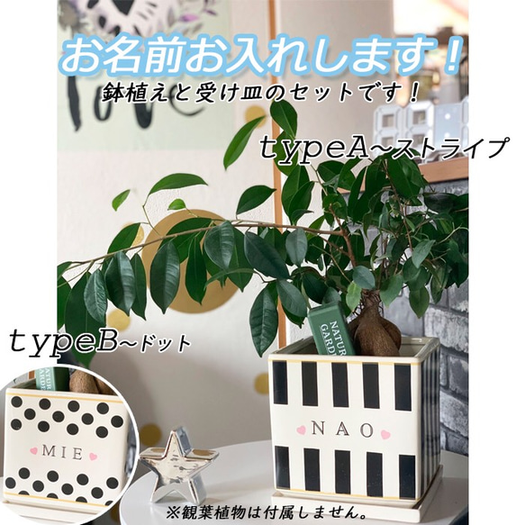 2903 名入れオーダー 鉢植え 鉢 植木鉢  受け皿付き ストライプ ドット イニシャル ギフト プレゼント