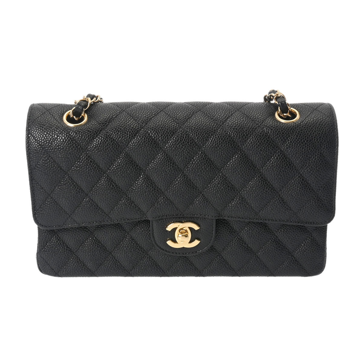 CHANEL シャネル マトラッセ Wフラップ チェーンショルダー 25cm 黒 ゴールド金具 A01112 レディース キャビアスキン ショルダーバッグ 新同 中古 