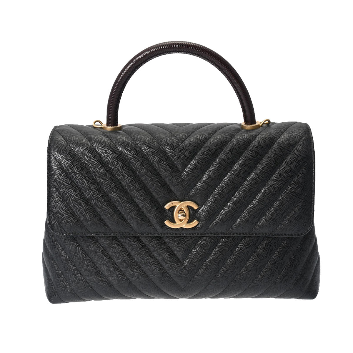 CHANEL シャネル Vステッチ リザードハンドル 2WAY 黒 ゴールド金具 レディース キャビアスキン ハンドバッグ Aランク 中古 