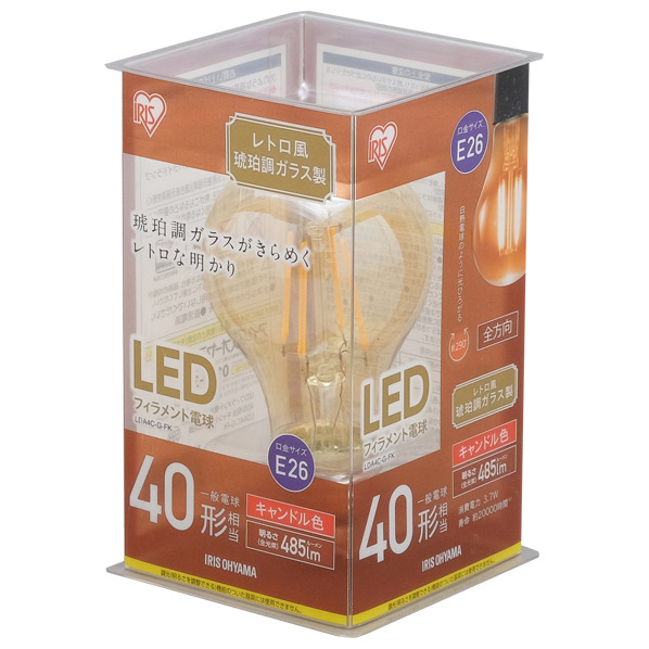 アイリスオーヤマ LEDフィラメント電球 E26口金 全光束485lm(3．7W 一般電球タイプ) キャンドル色相当 LDA4C-G-FK