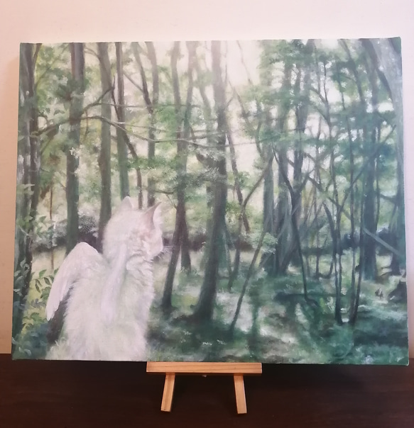 森林の中の白い猫天使の絵　油絵原画「White angel living in the forest」