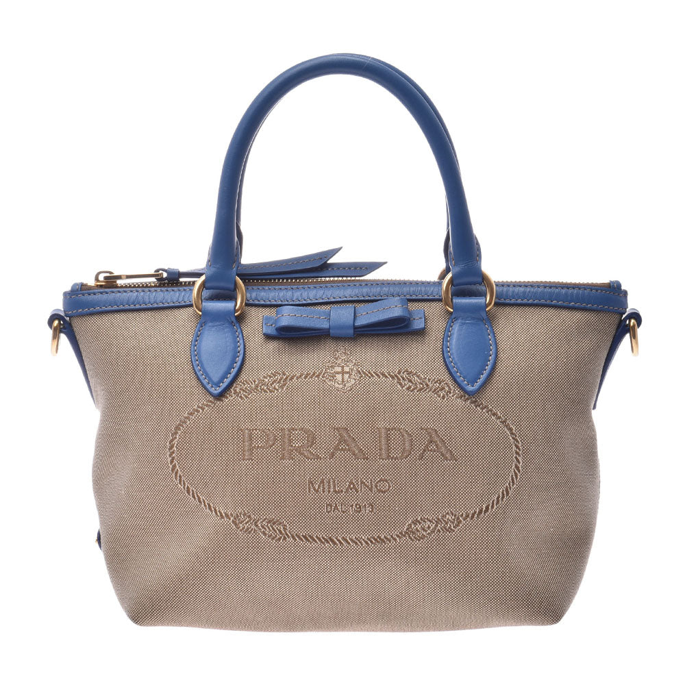 PRADA プラダ  ベージュ 青 レディース キャンバス 2WAYバッグ 1BA111  中古